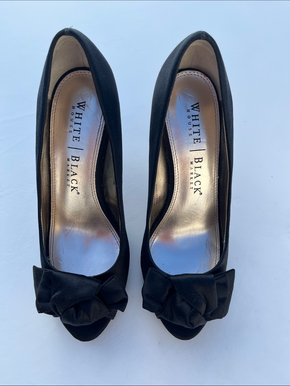 White House Black Market Black Satin Peep-Toe Heels with Bow SZ: 5.5